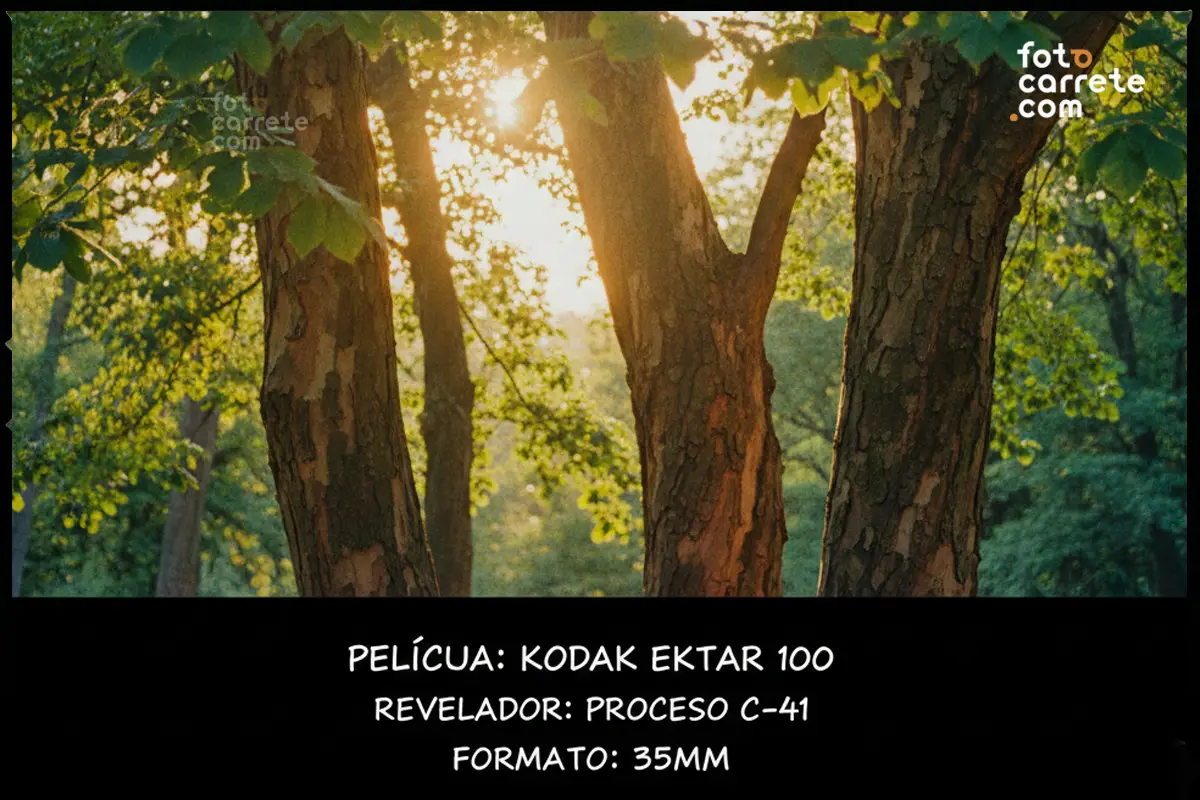 Troncos de árboles y hojas a contraluz con el sol, fotografiados con Kodak Ektar 100.