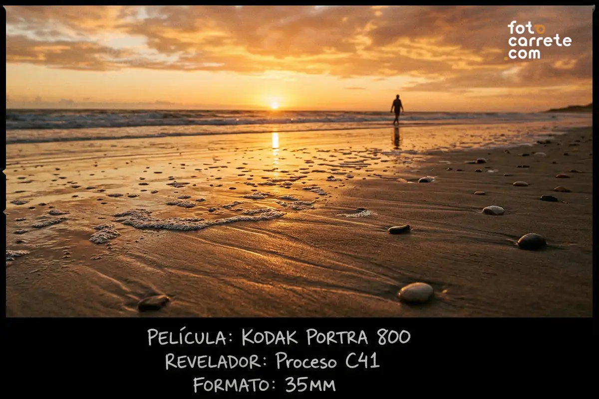 Paisaje de playa al atardecer con reflejos dorados en la arena tomado con Kodak Portra 800.