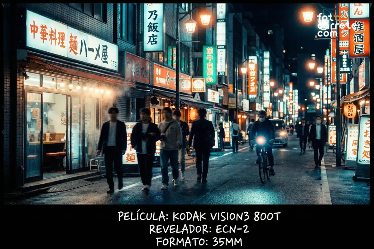 Escena callejera nocturna en Japón con luces de neón disparada con Kodak Vision3 800T.