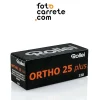 Caja negra del carrete Rollei ORTHO 25 plus, película blanco y negro formato 120.