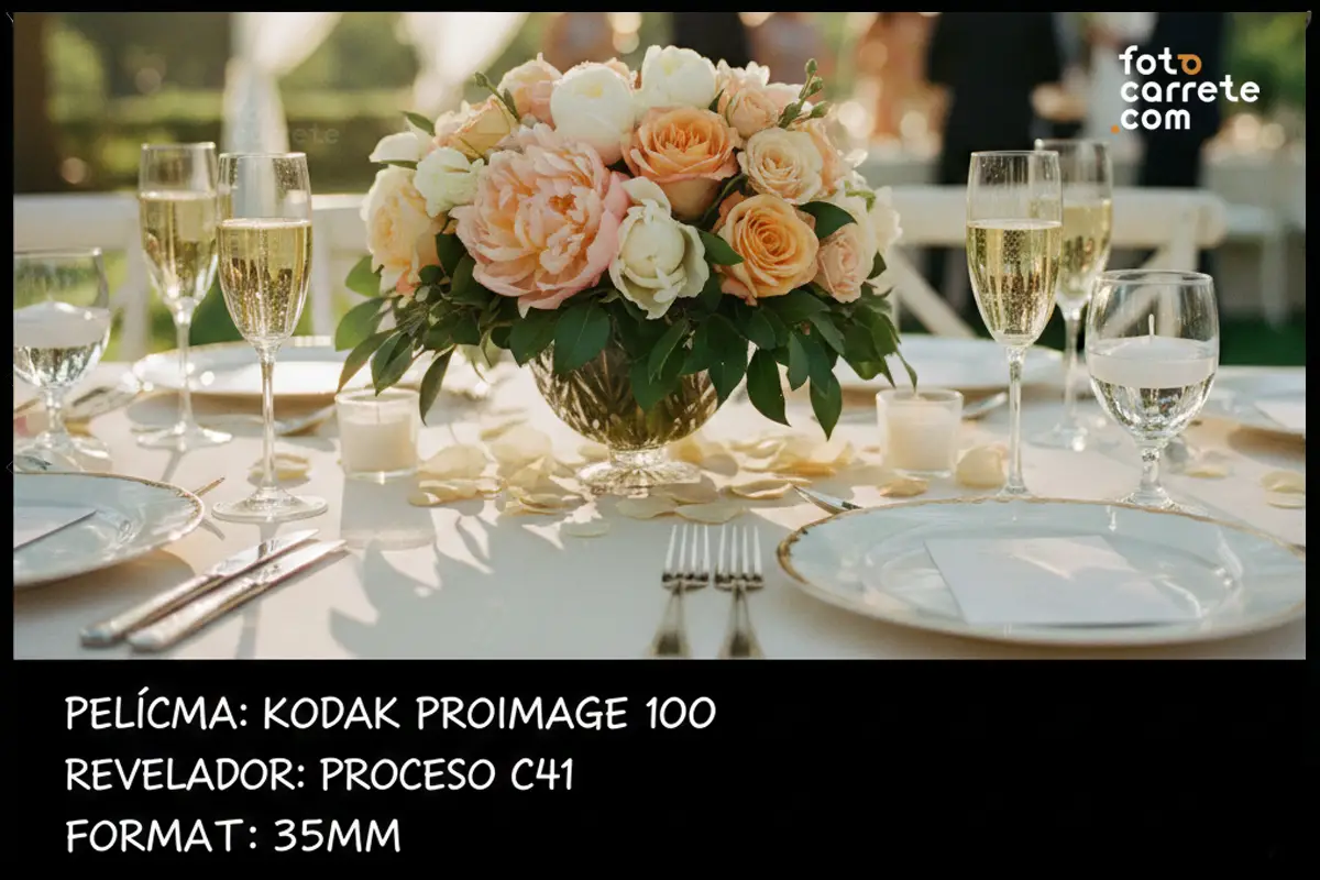 Centro de mesa de boda con flores y copas fotografiado con película Kodak ProImage 100.