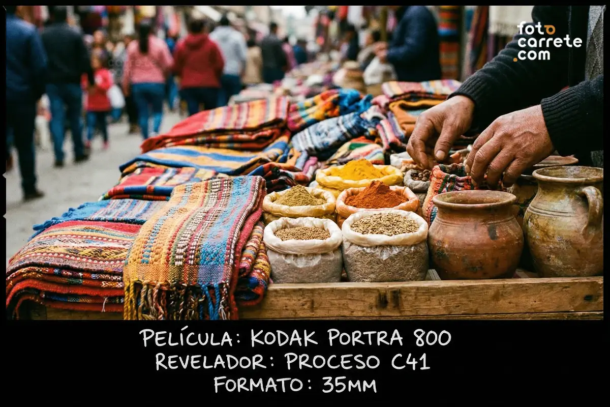 Coche clásico amarillo aparcado en la calle al atardecer capturado con Kodak Portra 800.