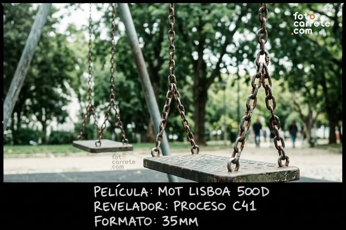 Fotografía analógica de columpios en un parque tomada con película Mot Lisboa 500D en 35mm.