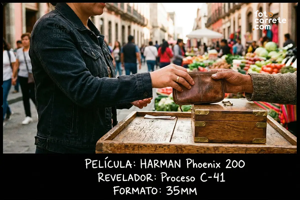 Intercambio de compra en un mercadillo callejero capturado con Harman Phoenix 200.