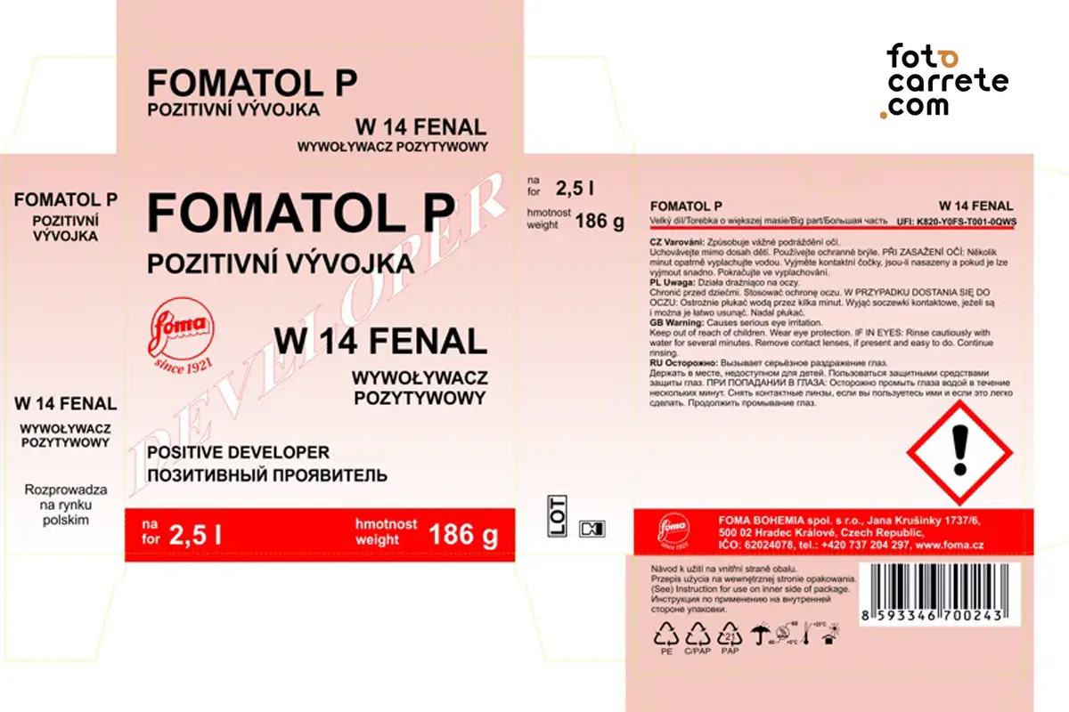 Diseño exterior de la caja de revelador positivo Foma Fomatol P W 14 Fenal