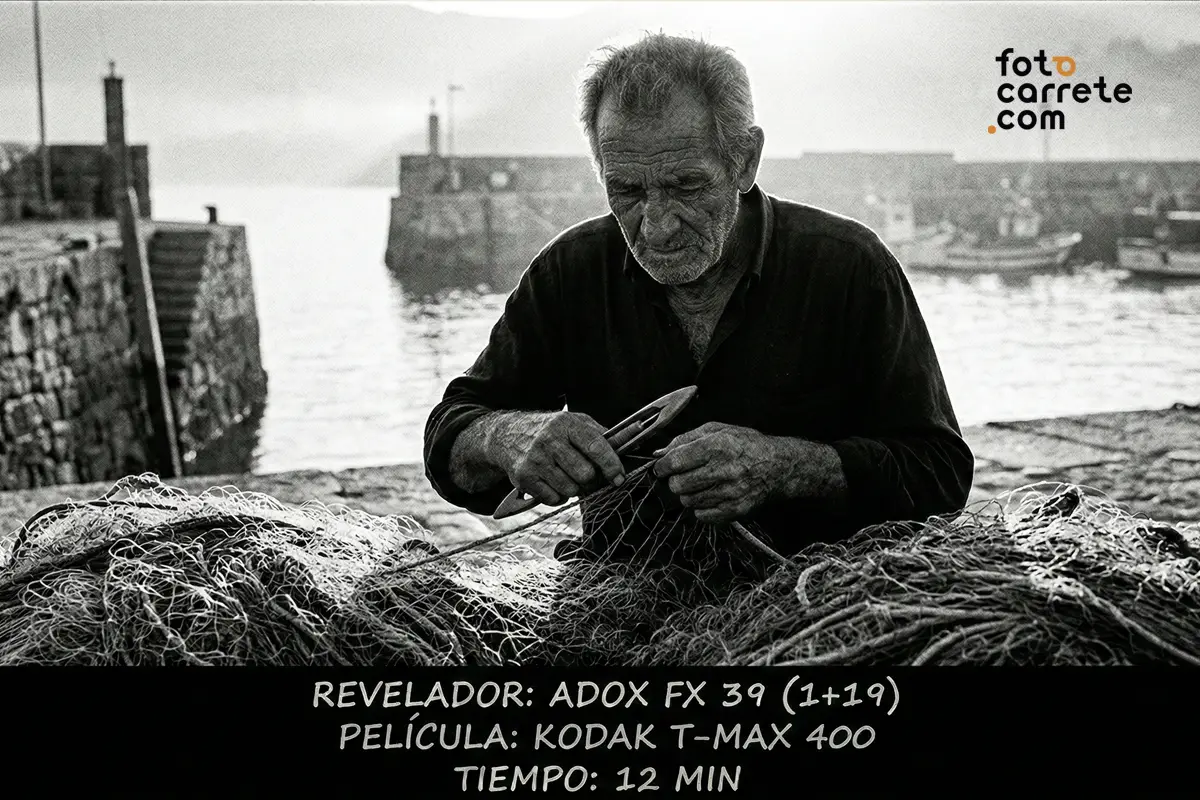Fotografía de un pescador en blanco y negro revelada con Adox FX 39 y Kodak T-MAX 400