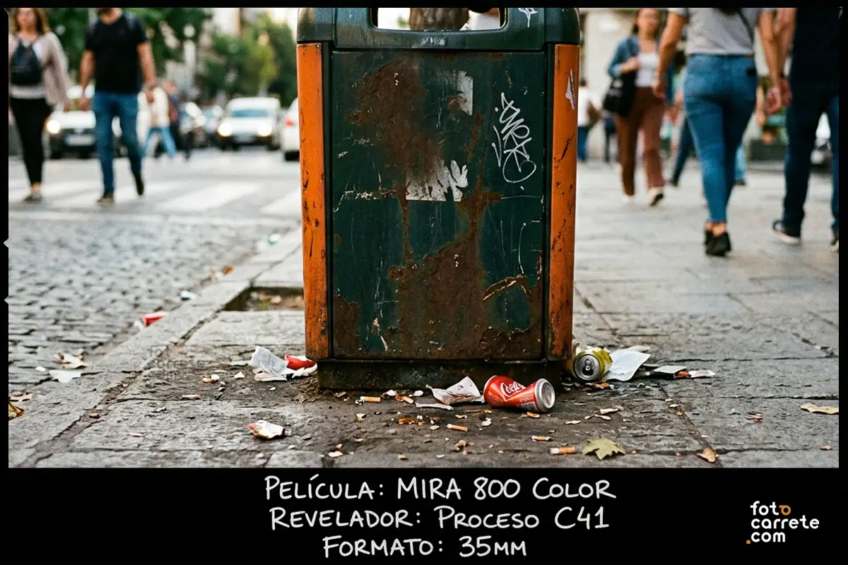 Fotografía callejera urbana de una papelera oxidada tomada con película Mira 800 Color.