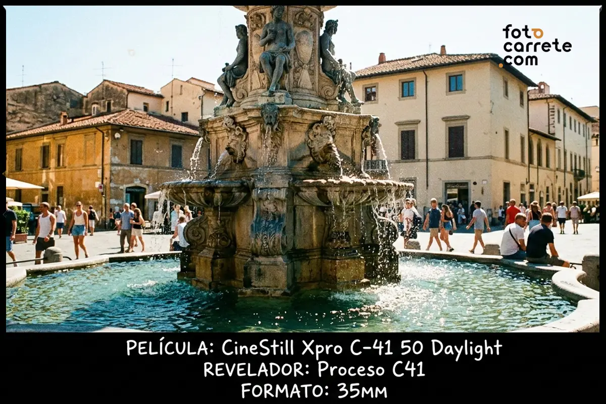 Gran fuente monumental en una plaza en un día soleado capturada con CineStill 50D.