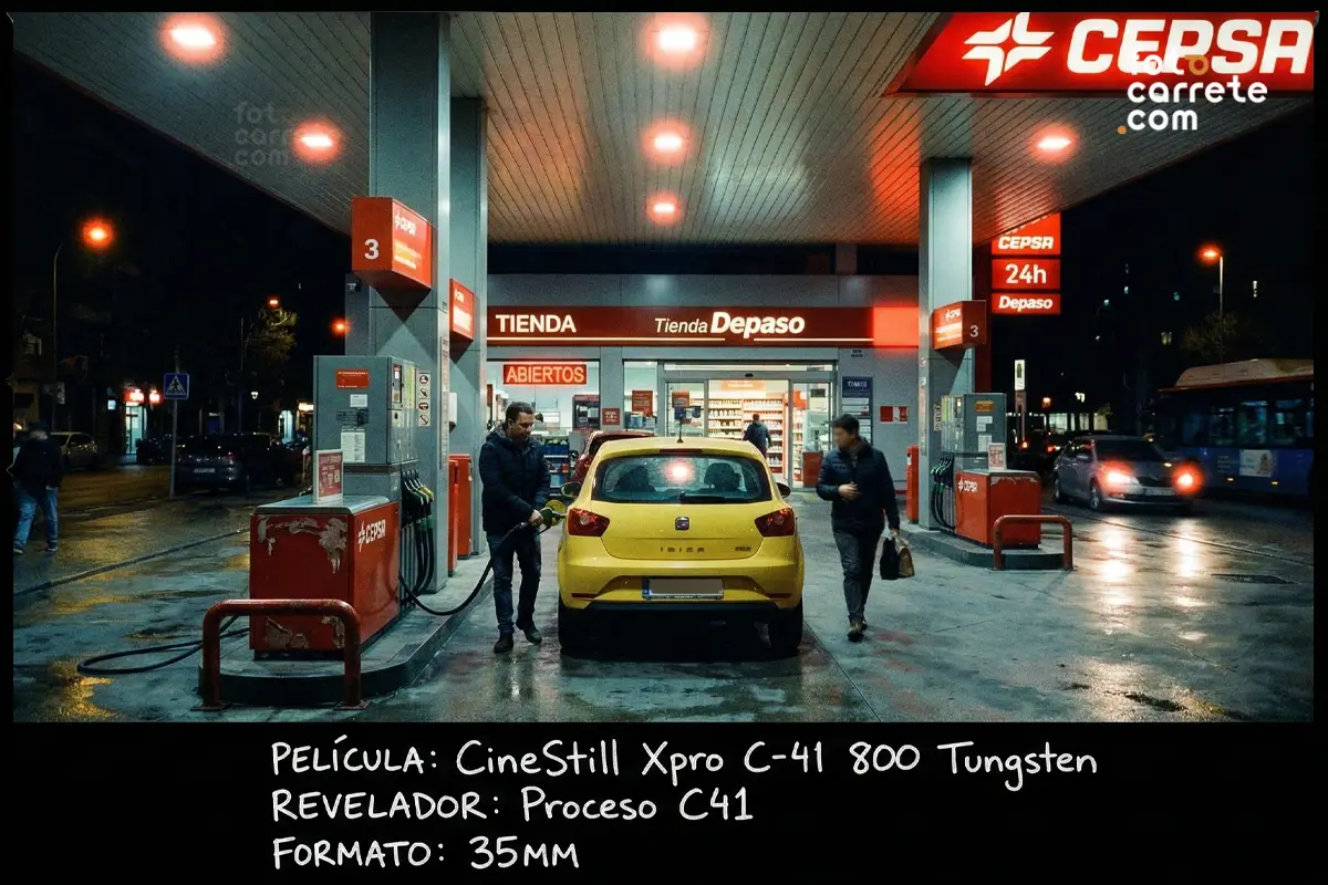 Hombre repostando un coche amarillo en una gasolinera iluminada de noche, con CineStill 800T.