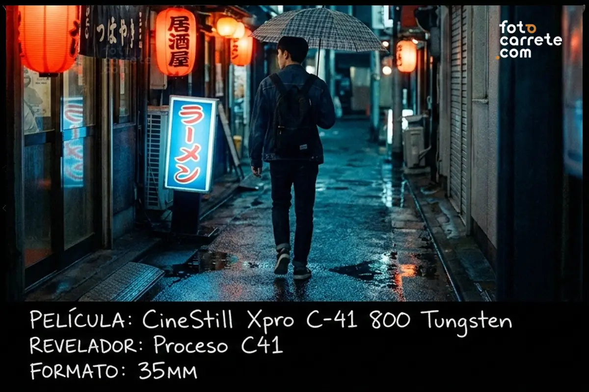 Hombre caminando con paraguas bajo la lluvia en un callejón con neones, capturado con CineStill 800T.