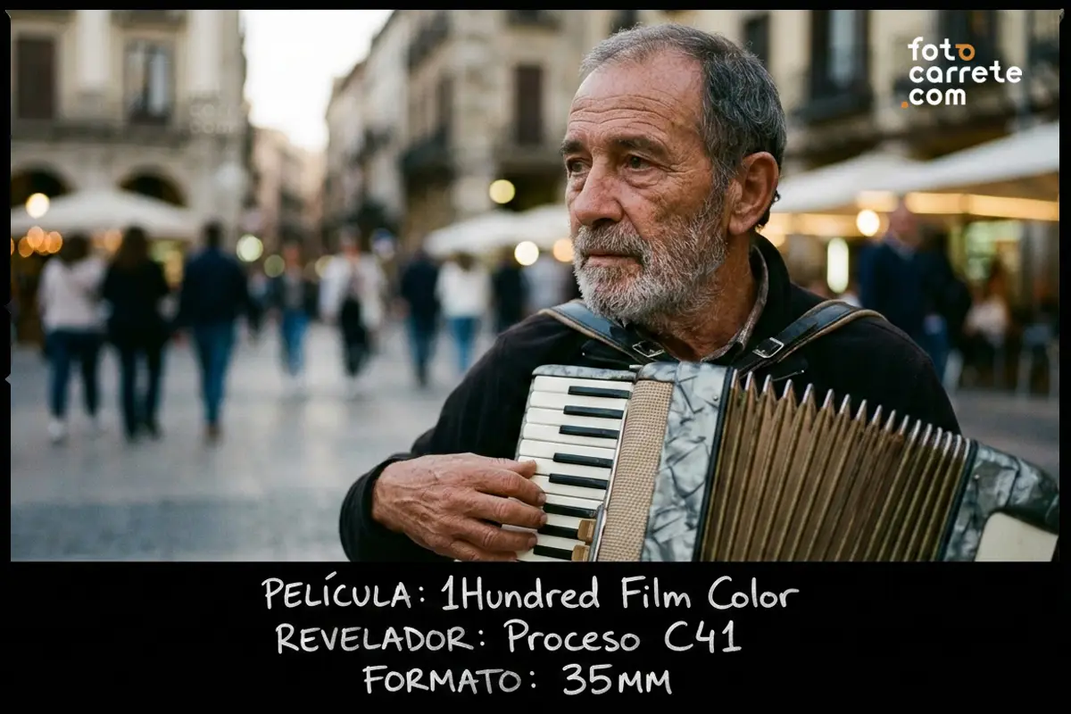 Hombre mayor tocando el acordeón en una plaza, capturado con película 1Hundred Film Color.