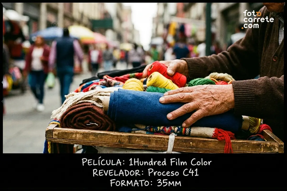 Detalle de manos sosteniendo hilos y telas de colores en un mercado con 1Hundred Film Color.