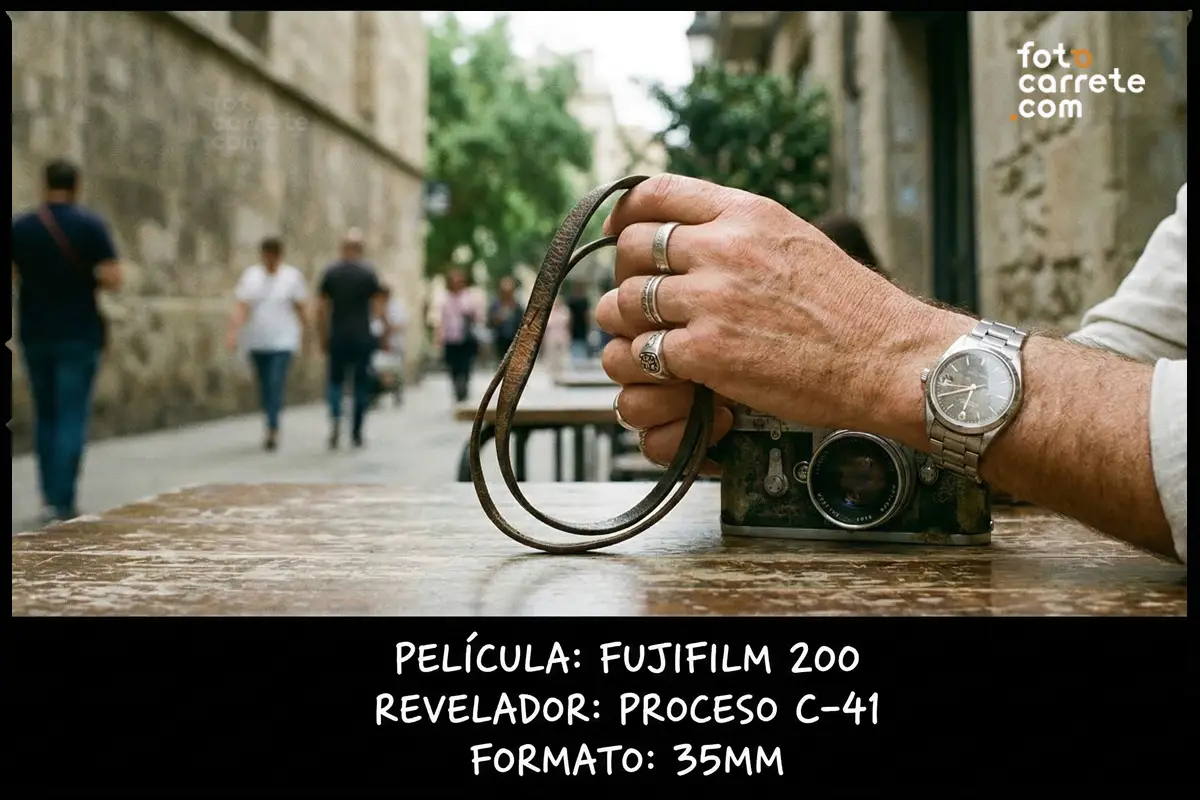 Manos de un hombre con reloj apoyadas sobre una cámara antigua, tomadas con Fujifilm 200.