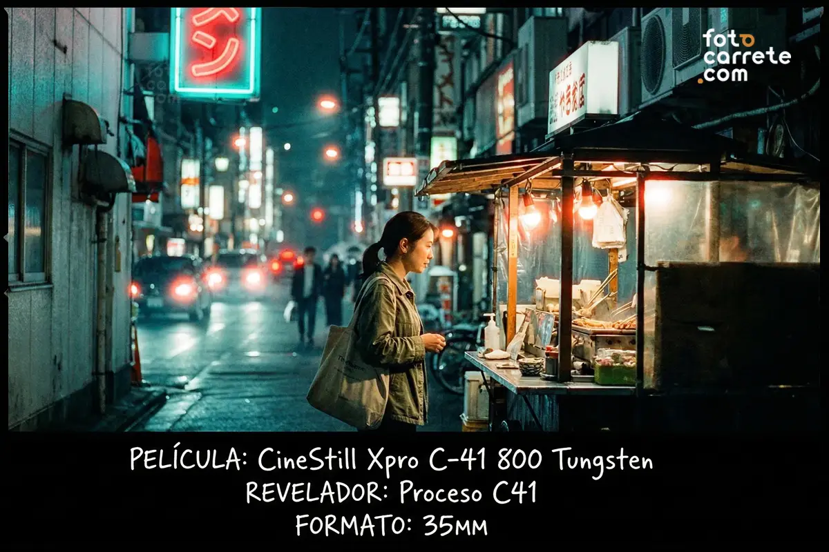Mujer esperando en un puesto de comida callejera iluminado de noche, tomada con CineStill 800T.