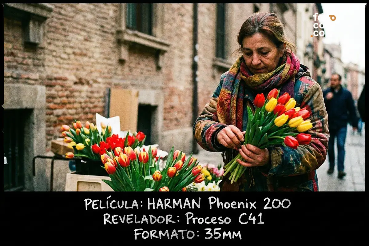 Mujer preparando un ramo de tulipanes en un puesto callejero con Harman Phoenix 200.