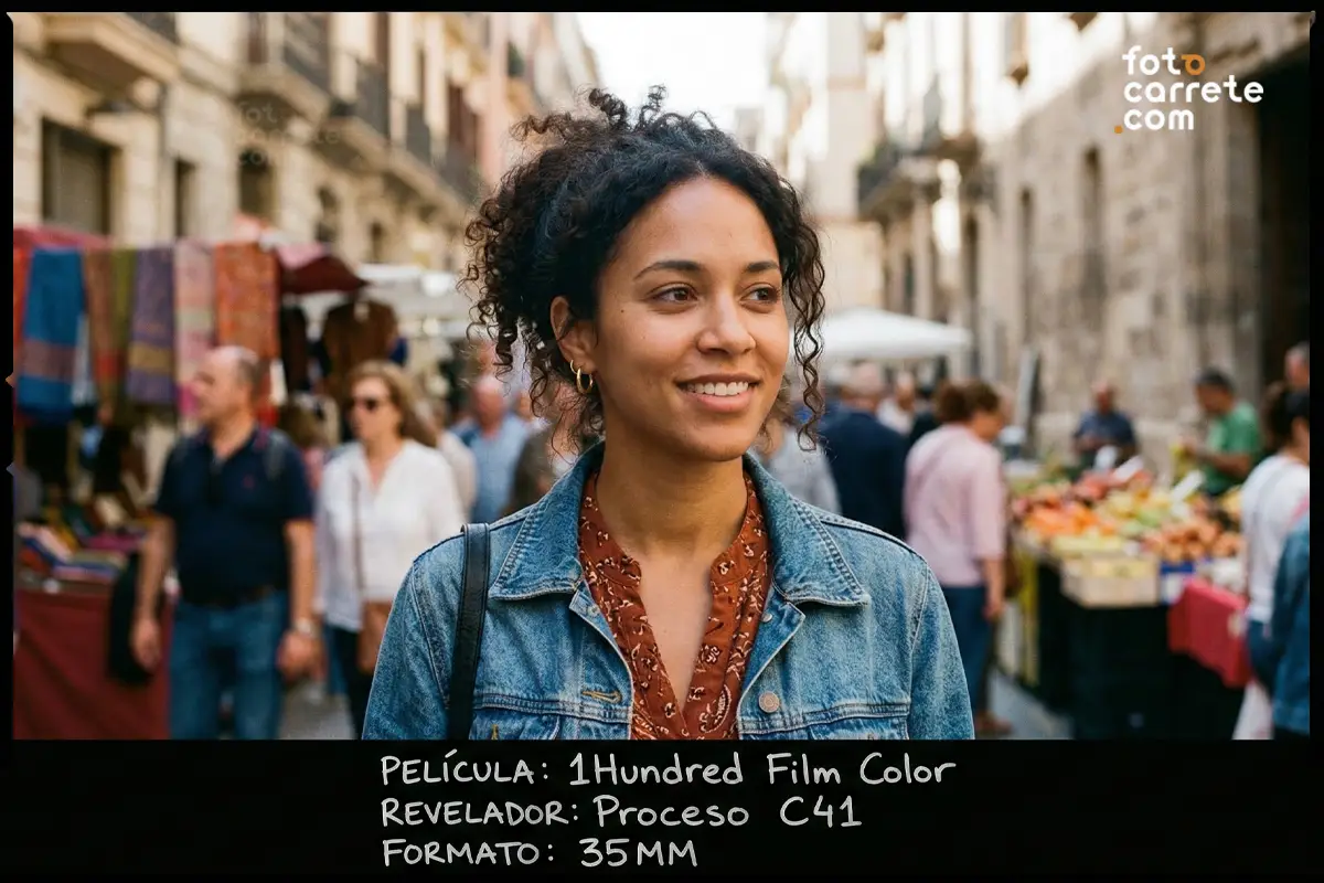Mujer sonriendo mientras pasea por un mercadillo callejero fotografiada con 1Hundred Film Color.