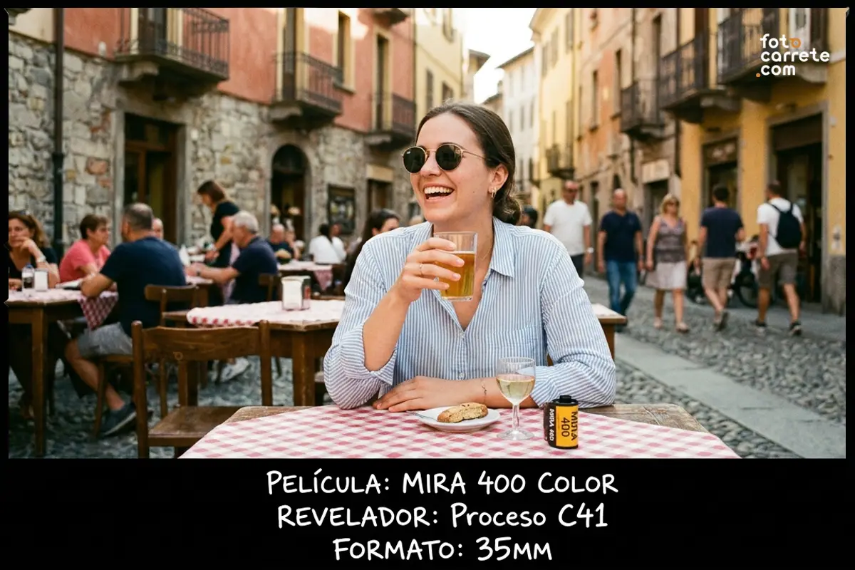 Mujer sonriendo en una terraza fotografiada con carrete Mira 400 Color.