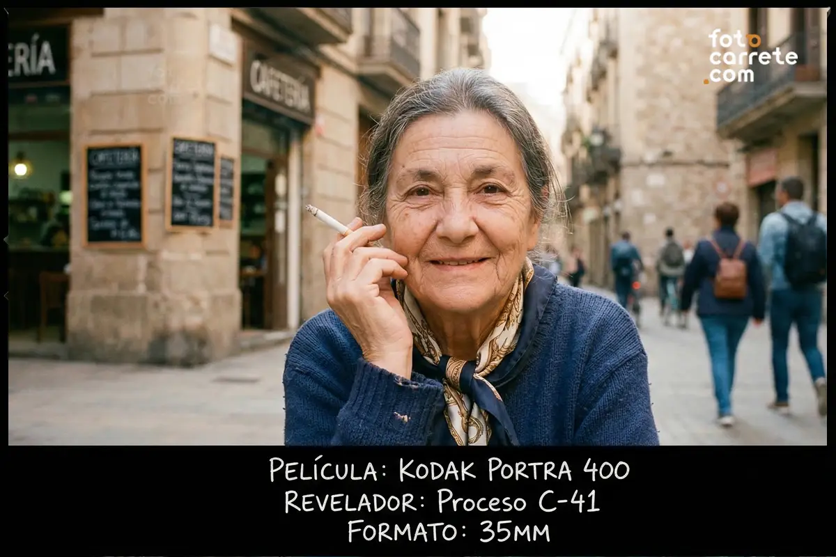 Mujer tomando café en la calle fotografiada con Kodak Portra 400.