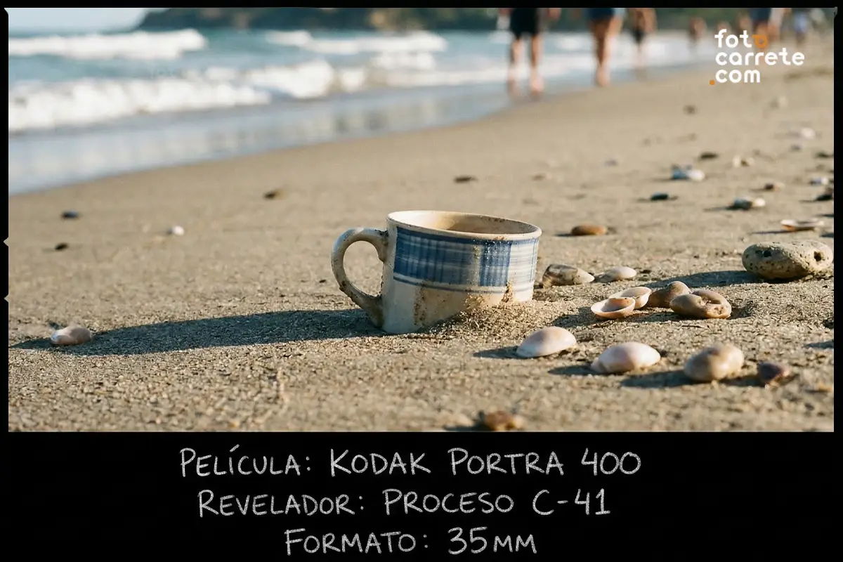 Mujer fotografiando con una cámara analógica vintage en un entorno natural con Portra 400.