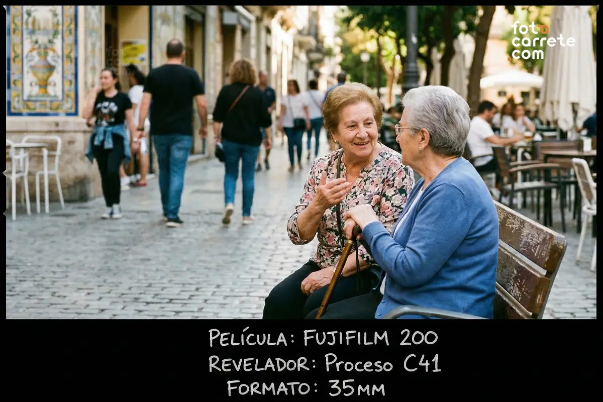 Mujeres charlando animadamente sentadas en un banco de la calle, fotografía con Fujifilm 200.