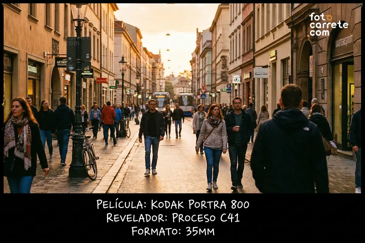 Gente paseando por una calle peatonal de la ciudad al atardecer con Kodak Portra 800.