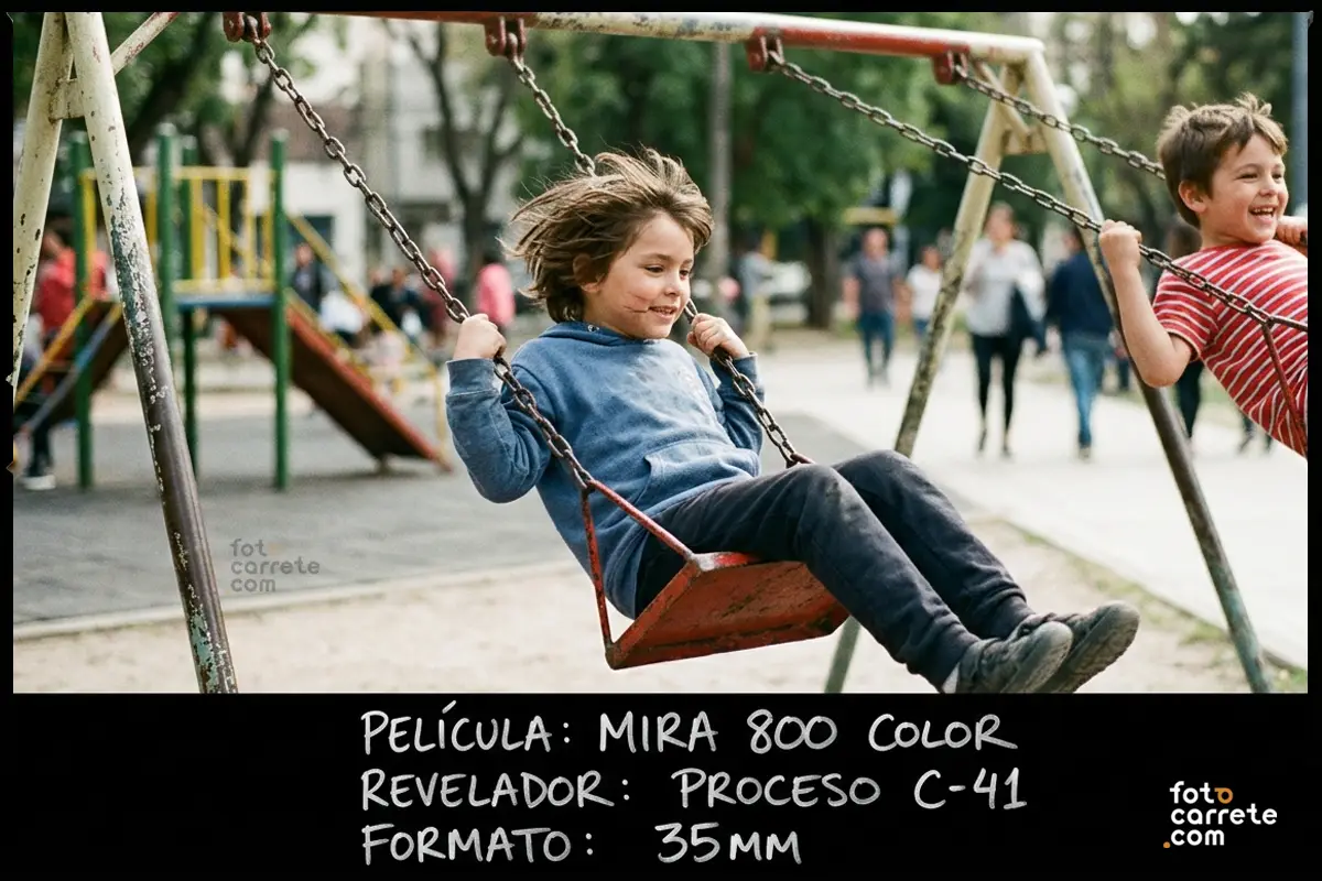 Niños jugando en columpios en movimiento fotografiados con el carrete Mira 800 Color.