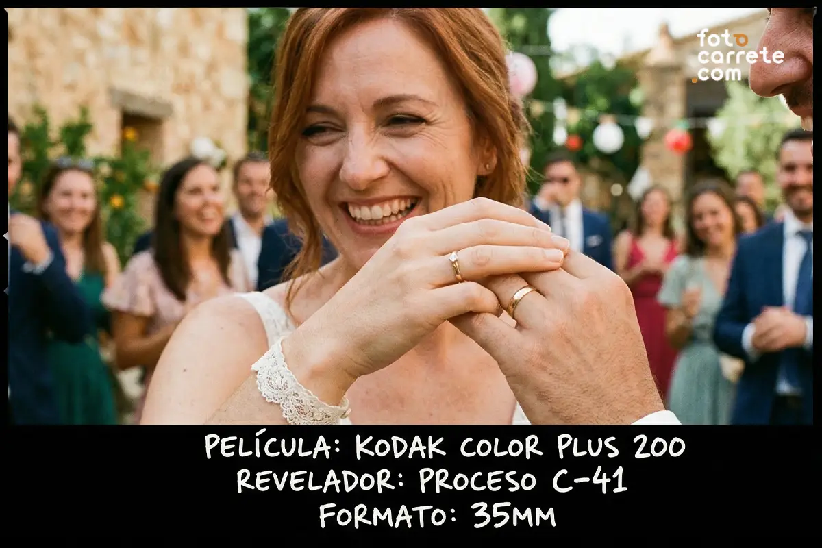 Novia sonriendo feliz mostrando su anillo de bodas, fotografiada con Kodak Color Plus 200.