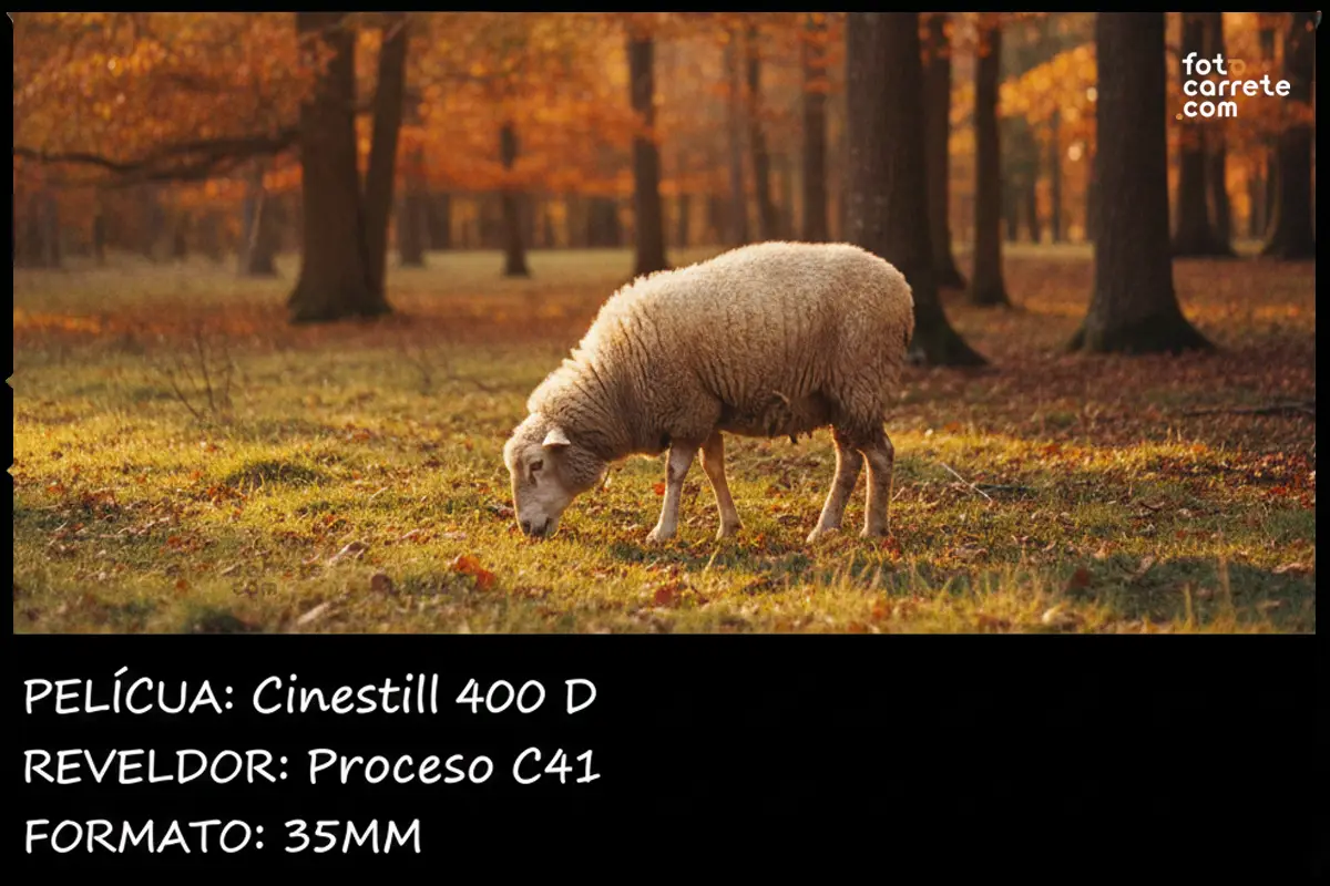 Oveja pastando al atardecer fotografiada con película CineStill 400D.