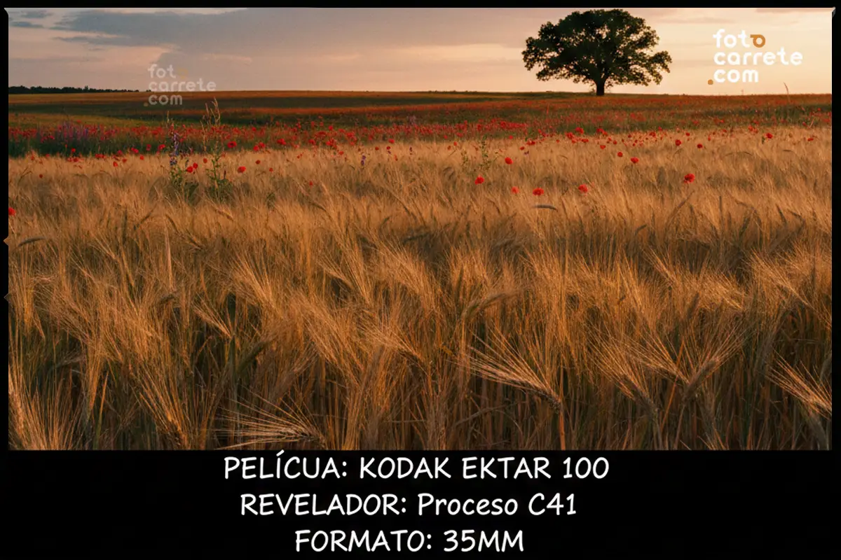 Campo de trigo y amapolas al atardecer capturado con película Kodak Ektar 100.