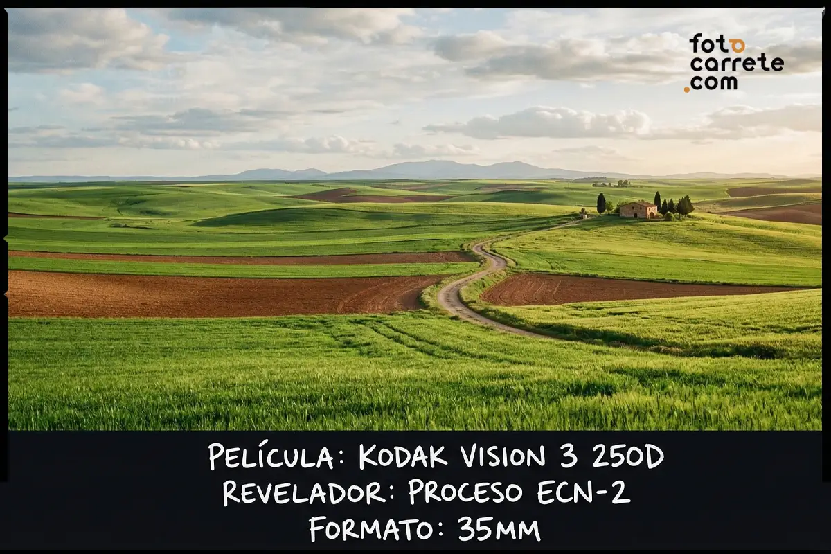 Paisaje de colinas y campos verdes bajo un cielo nublado capturado con Kodak Vision 3 250D.
