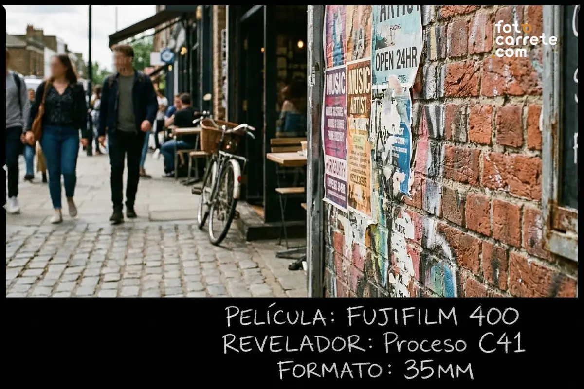 Pared de ladrillo con carteles arrancados en una calle con transeúntes, fotografiada con Fujifilm 400.