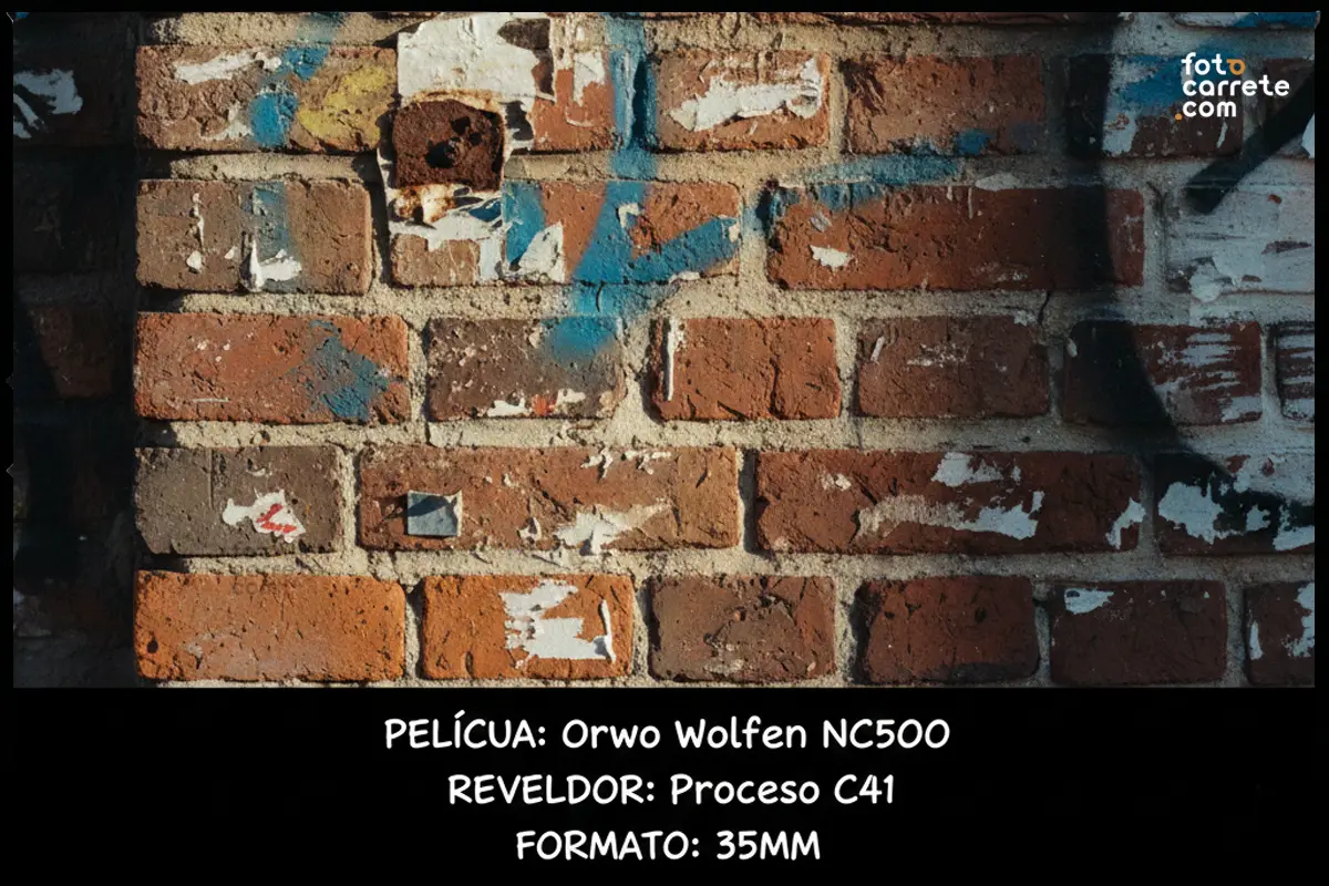 Pared de ladrillos con textura y carteles rotos capturada con carrete Orwo Wolfen NC500.