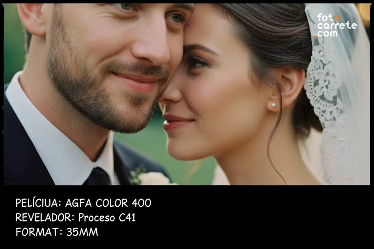 Retrato cercano de una pareja de novios sonriendo, fotografiado con Agfa Color 400.