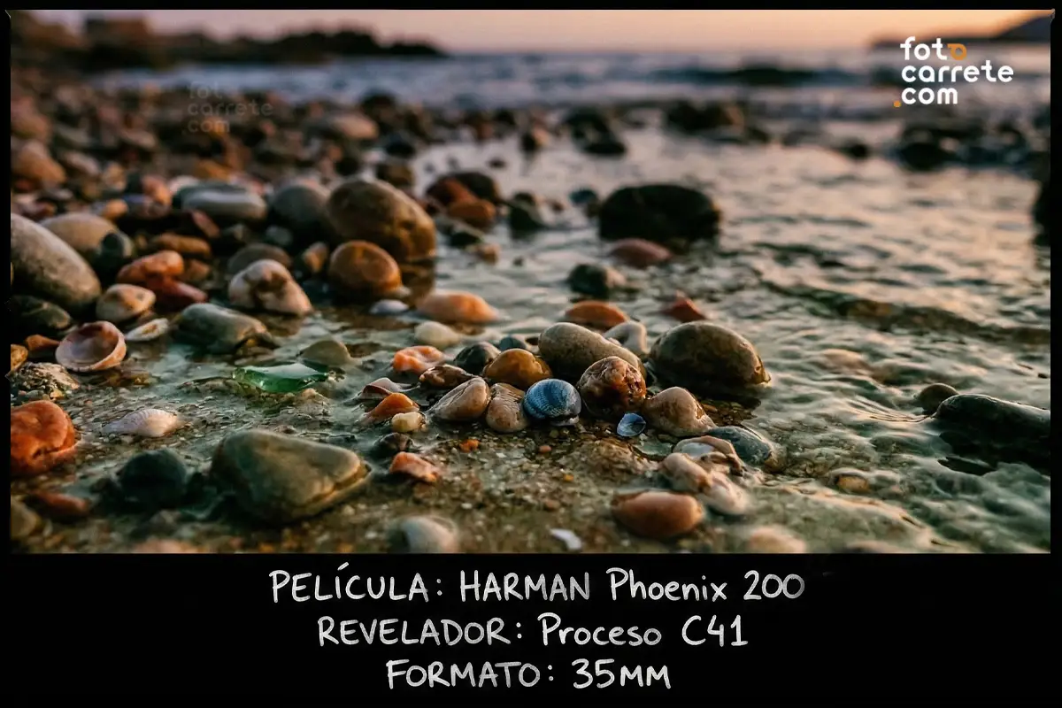 Piedras de colores en la orilla del mar al atardecer fotografiadas con Harman Phoenix 200.