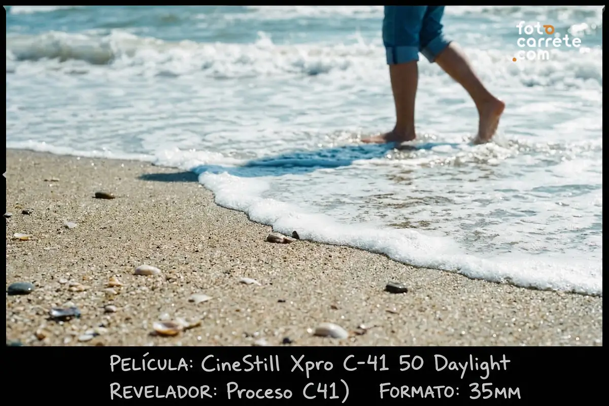 Persona paseando descalza por la orilla de la playa tomada con película CineStill 50 Daylight.