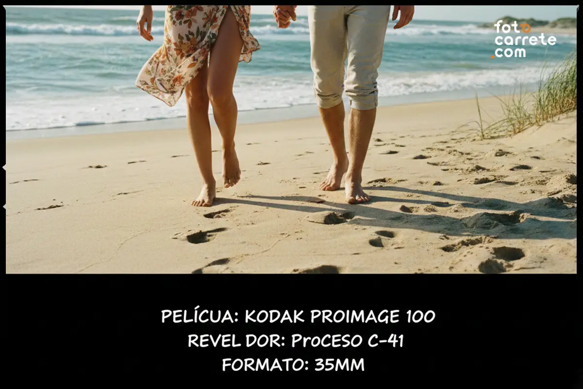 Pies descalzos de una pareja paseando por la arena de la playa tomados con Kodak ProImage 100.