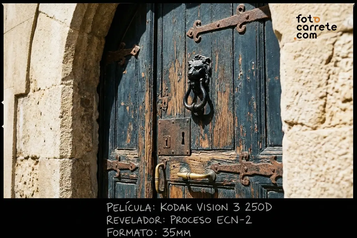 Detalle de una puerta de madera antigua con aldaba de león capturado con Kodak Vision 3 250D.