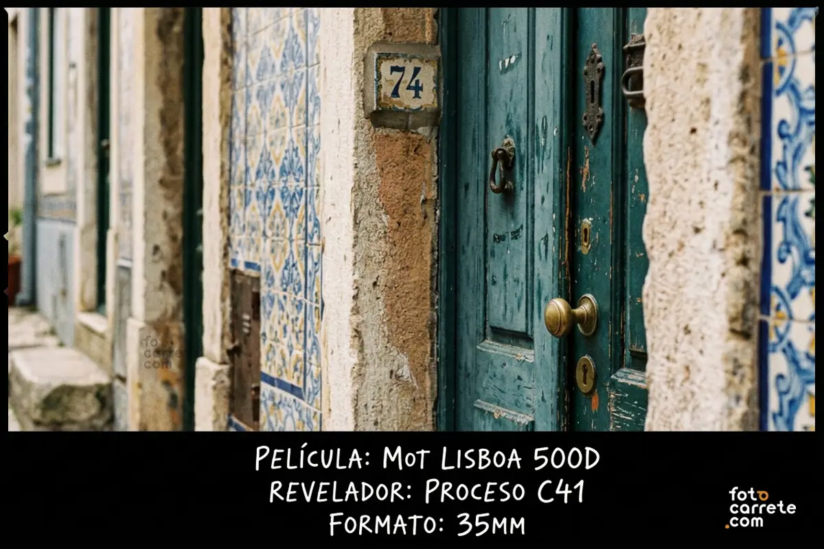 Detalle de puerta antigua verde y azulejos fotografiada con carrete Mot Lisboa 500D de 35mm.