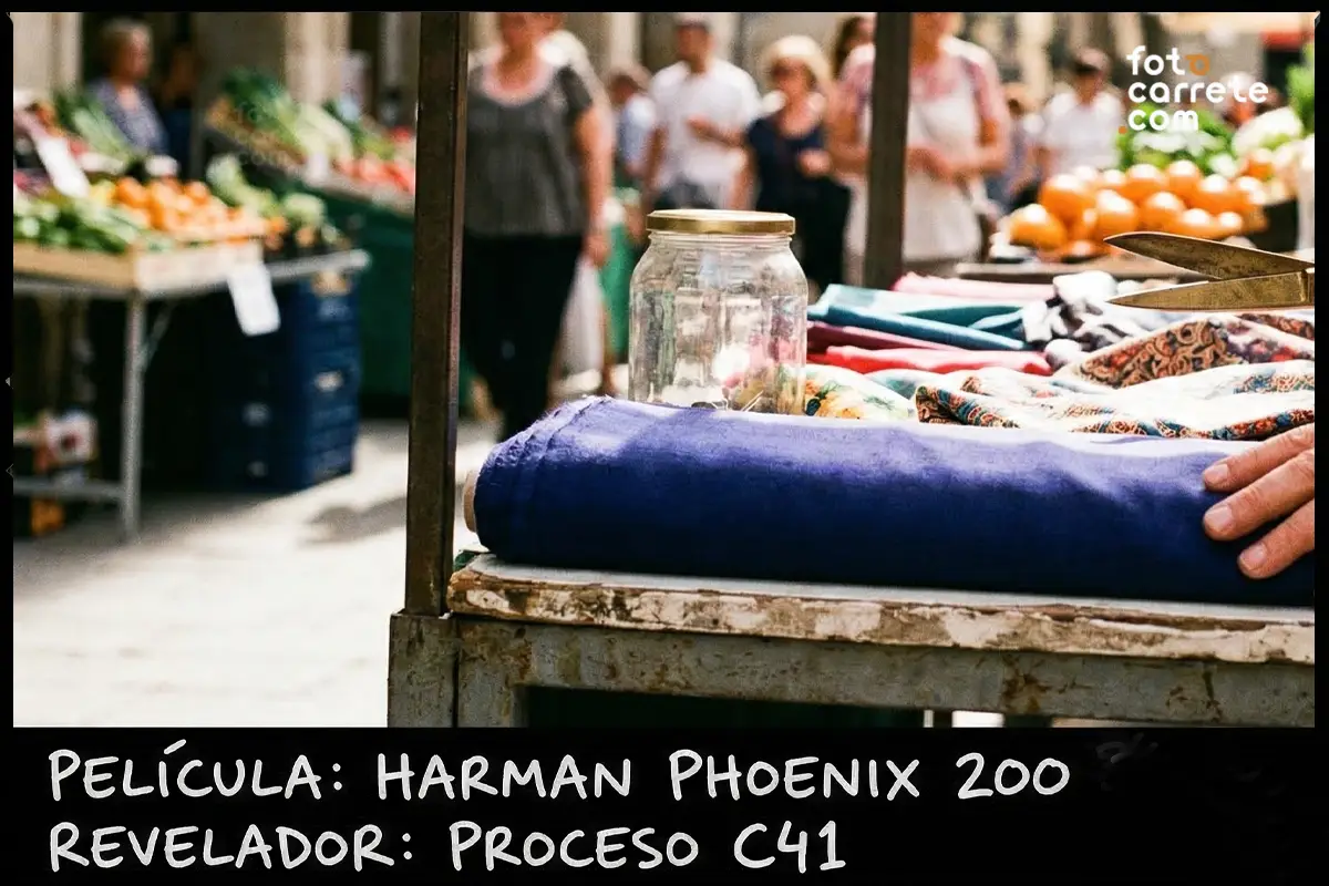 Detalle de un puesto de mercadillo con telas y un frasco de cristal, tomado con Harman Phoenix 200.