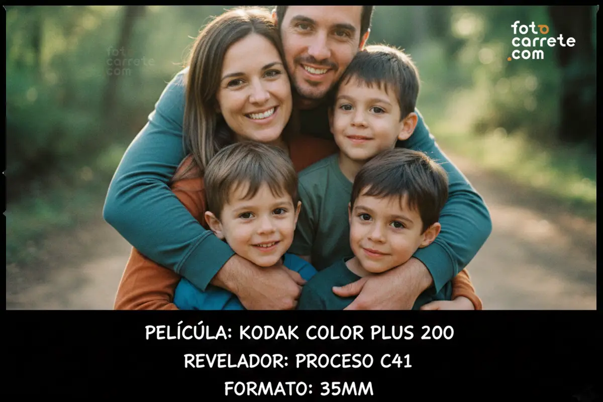 Retrato familiar de padres y tres hijos abrazados en la naturaleza con Kodak Color Plus 200.