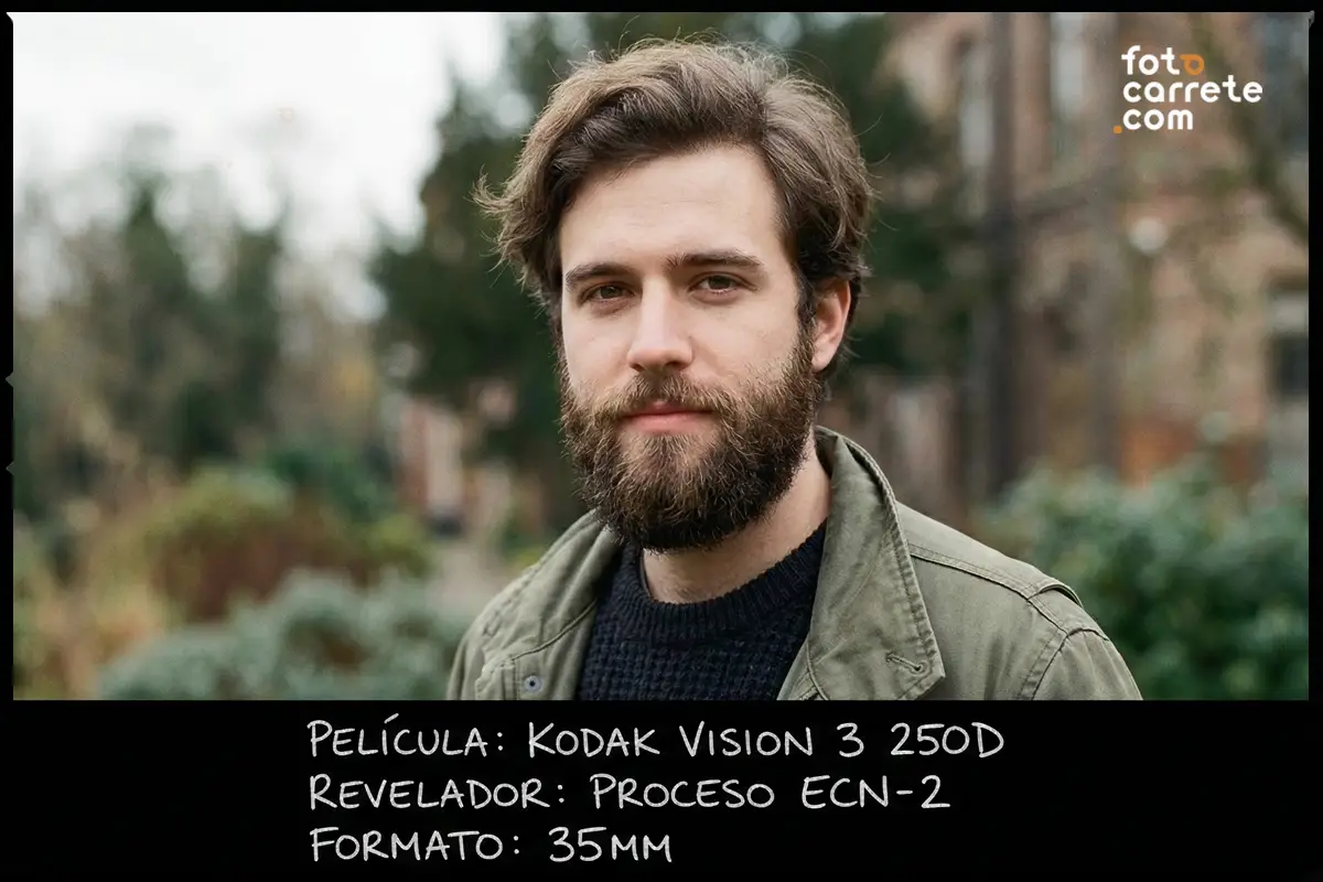 Retrato analógico de un hombre con barba a la luz del día usando Kodak Vision 3 250D.