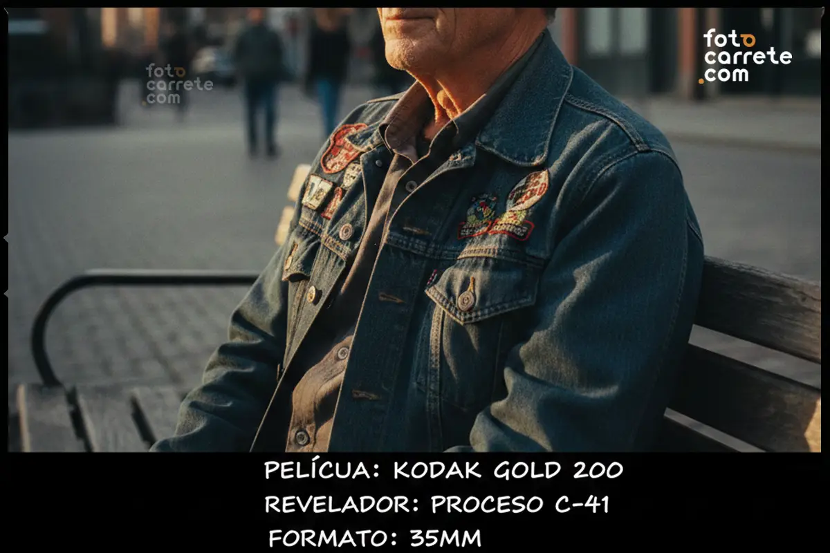 Hombre mayor con chaqueta vaquera sentado en un banco, fotografiado con Kodak Gold 200.