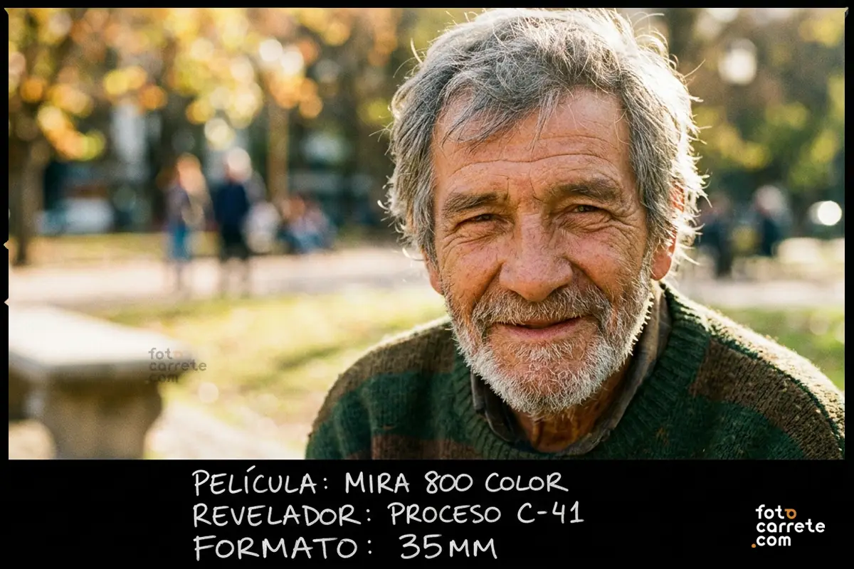 Retrato analógico de cerca de un hombre mayor en un parque disparado con Mira 800 Color.