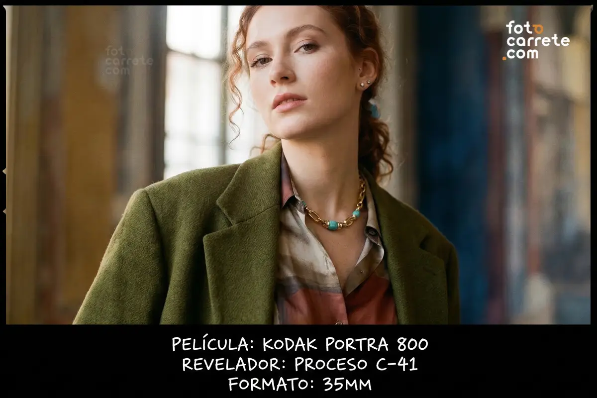 Retrato de mujer con abrigo verde y collar turquesa fotografiada con la película Kodak Portra 800.