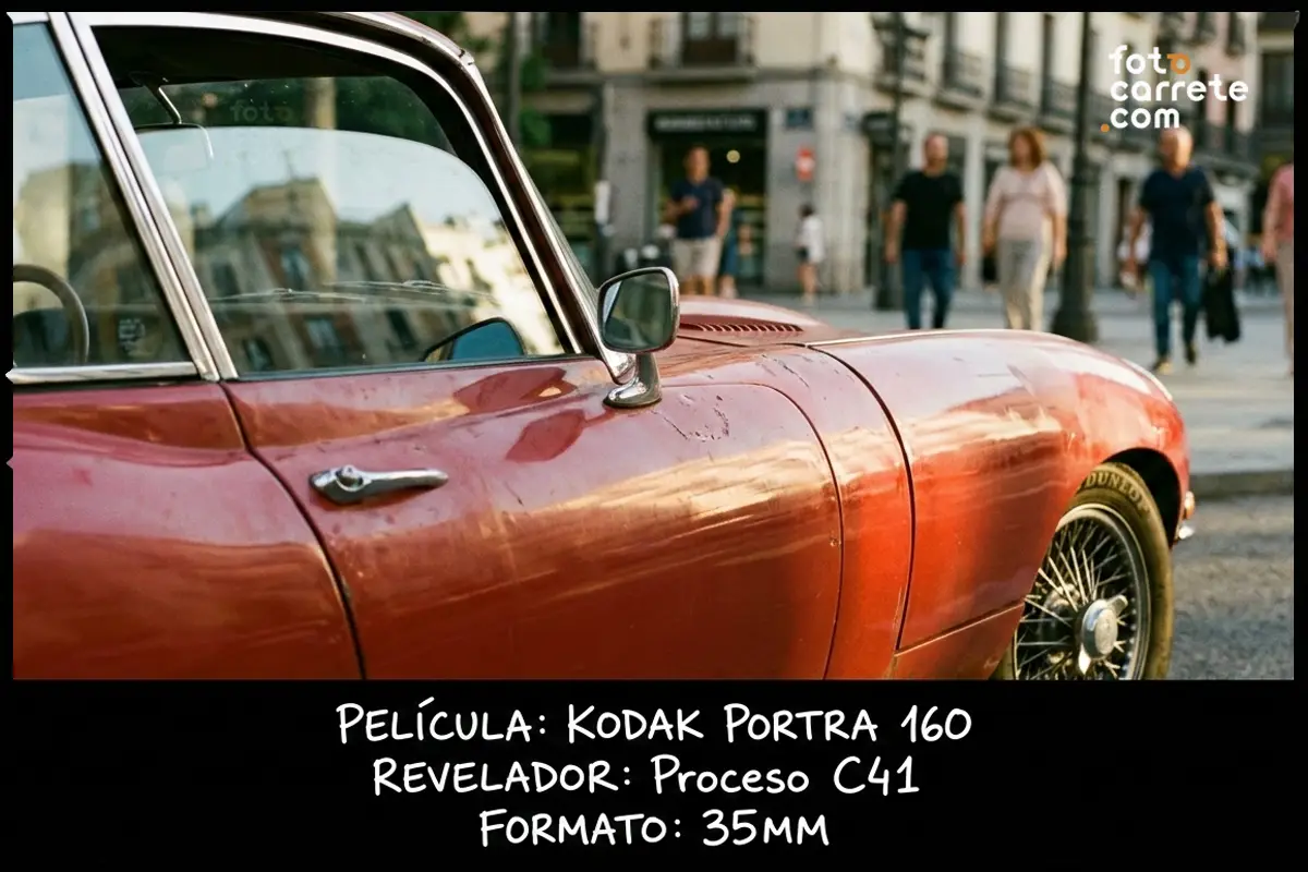 Retrato analógico de una mujer sonriendo en la calle fotografiada con Kodak Portra 160.