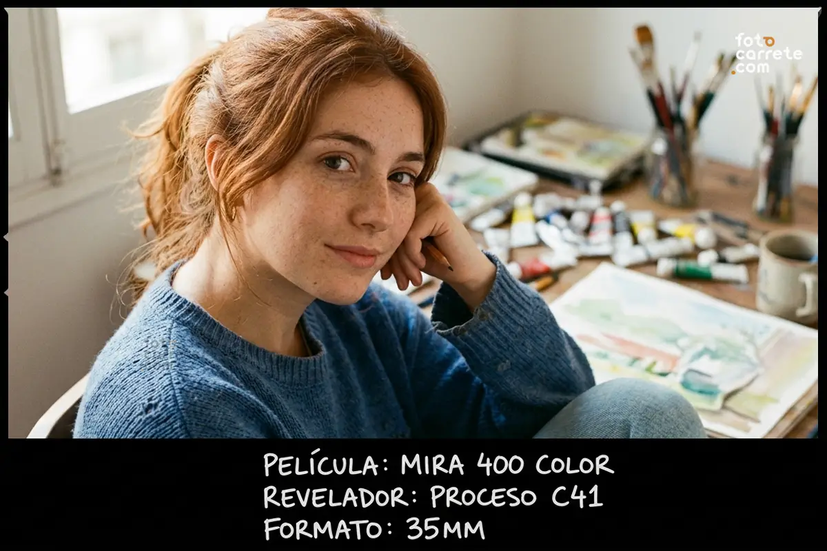 Retrato analógico de una mujer en un parque otoñal disparado con Fujifilm 200.