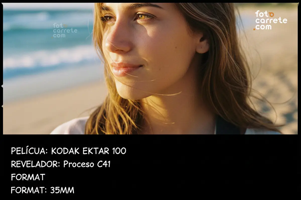 Retrato de una mujer en la playa durante la golden hour disparado con Kodak Gold 200.