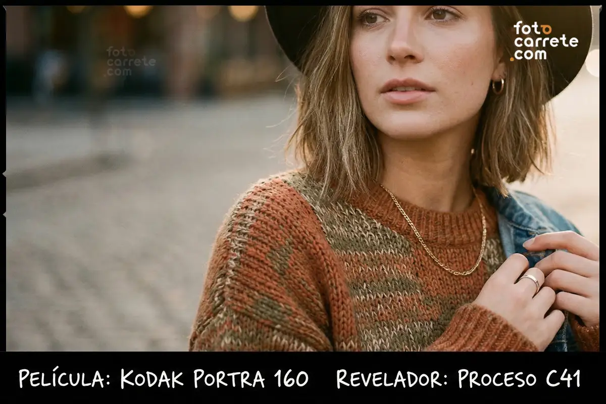 Retrato de mujer en la playa iluminada por el sol tomado con Kodak Ektar 100.