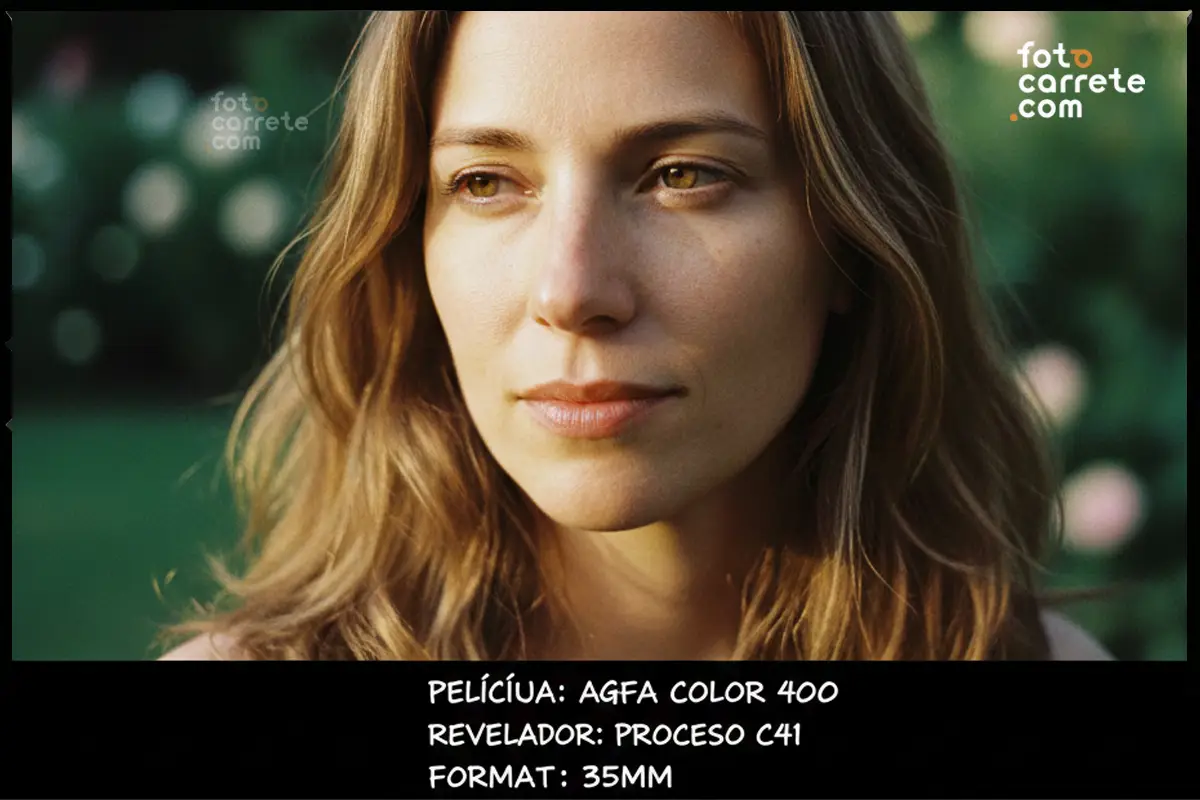 Retrato analógico de mujer sonriendo al sol con Kodak Portra 400.