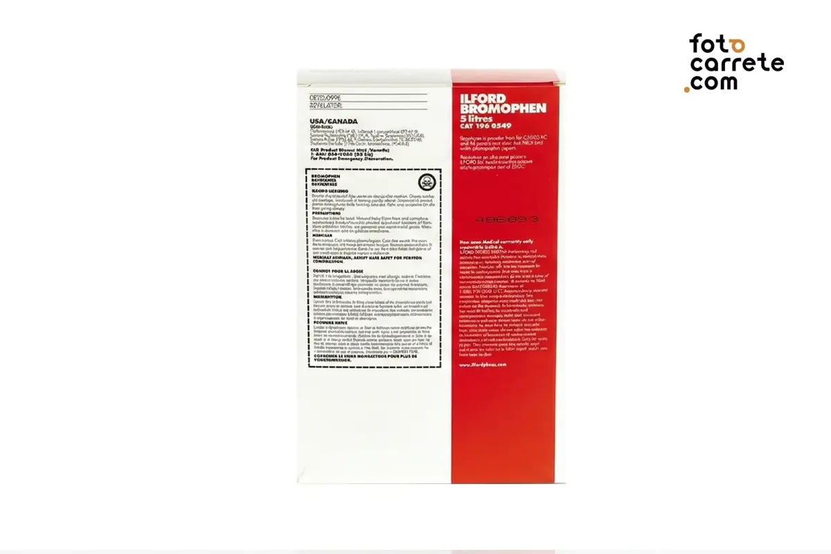 Reverso de la caja de revelador Ilford Bromophen de 5 litros